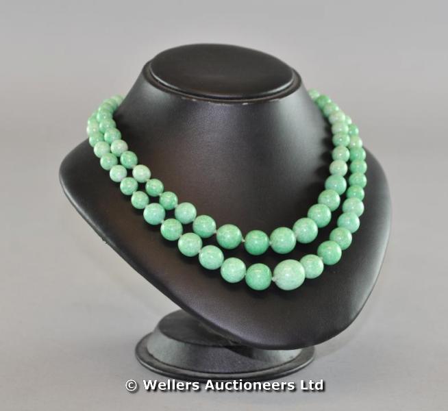 Chinese green stone necklace with white metal clasp