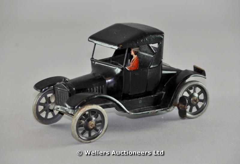 "A Bing black model T Ford Coupe tin plate clockwork car, spoke wheels & female drive, c1924"