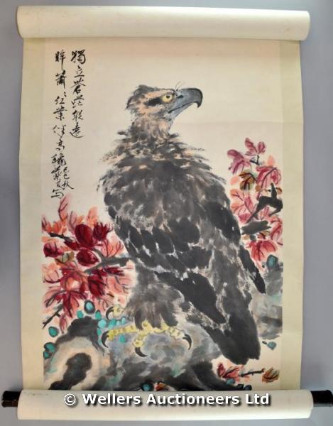 "An early 20thC Chinese scroll of an eagle alighted on a branch, signed, 95 x 52cm approx."