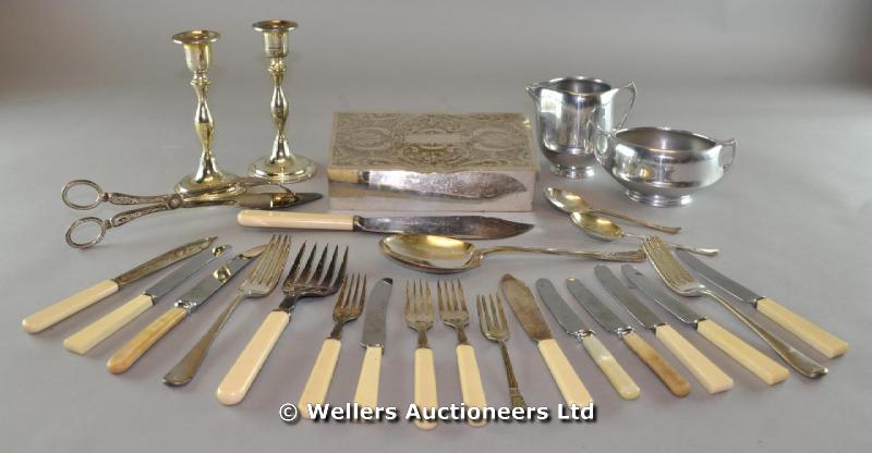 A collection of plated Art Deco flatware; a Piquot ware aluminium sugar bowl & cream jug; a plated