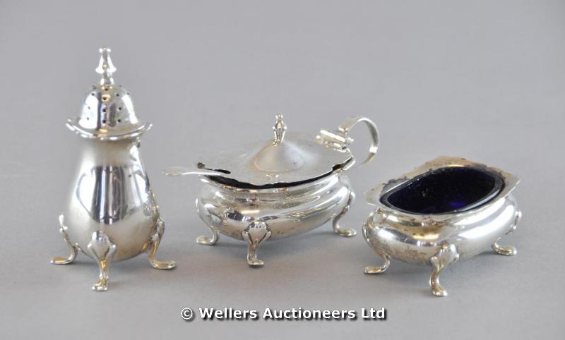 "A silver three piece condiment set of Queen Anne Style, Walker & Hall, mixed dates"