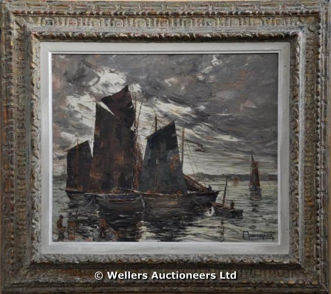 "Manquis (?) - fishing boats and figures on a shore, oil on canvas, signed indistinctly, 54 x 45cm