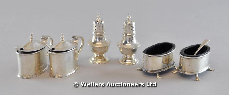 "An Alexander Clark Co. Ltd silver cruet, lidded oval mustard & salt with blue glass liner & urn