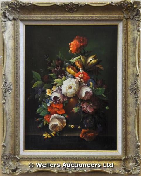 "Gyula Kadas - still life, vase of mixed garden flowers on a ledge, oil on board, signed, 39.5 x