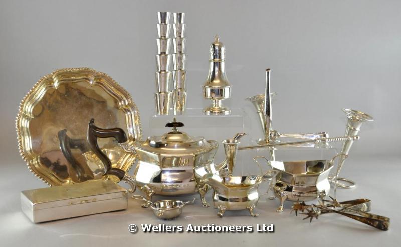 A silver plate Queen Anne style canted tea service; and other metalware