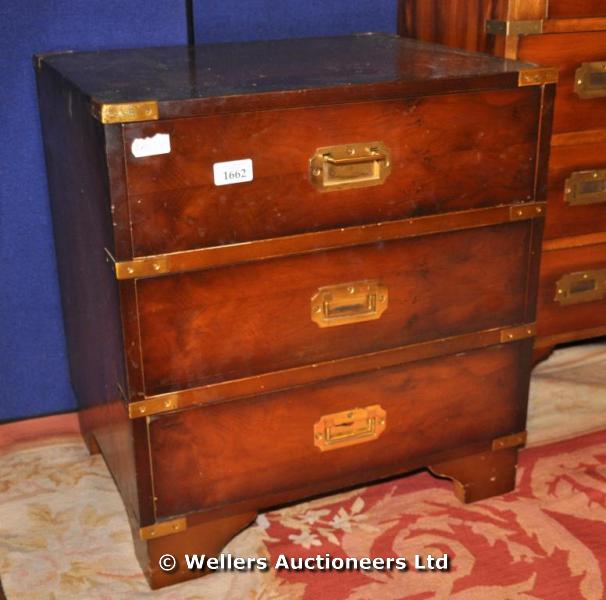 A pair of campaign style three drawer study chests with brass banding