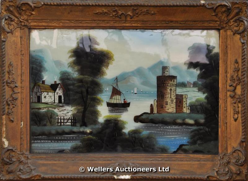 "Three glass paintings depicting windmills and castles in ornate gilt frames, 59 x 39cm"