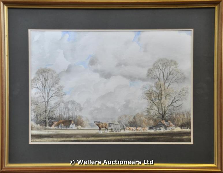 "John Harfield - farm scenes, pair, watercolours, signed, 27.5 x 40cm; and two similar scenes by the