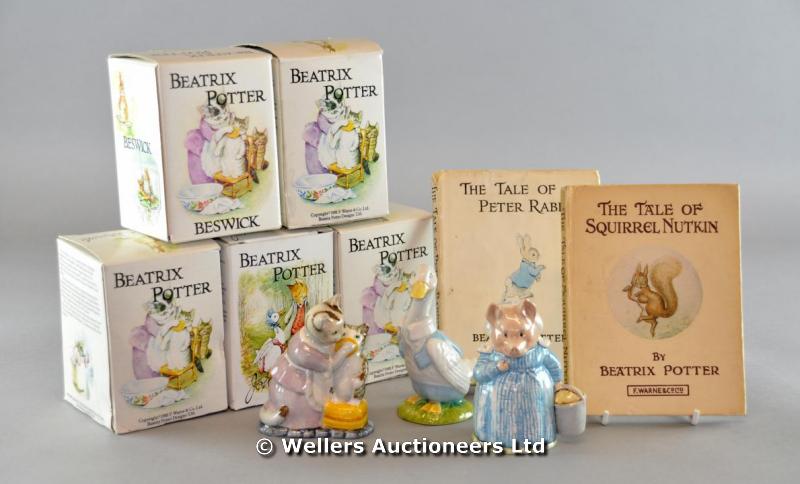 A collection of nine Beatrix Potter earthenware figures of animals; two birds; three groups; six