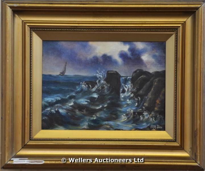 "M. Le Dieu - `Land`s End` and a similar coastal scene, oil on canvas, c1887, signed, 14 x 20cm