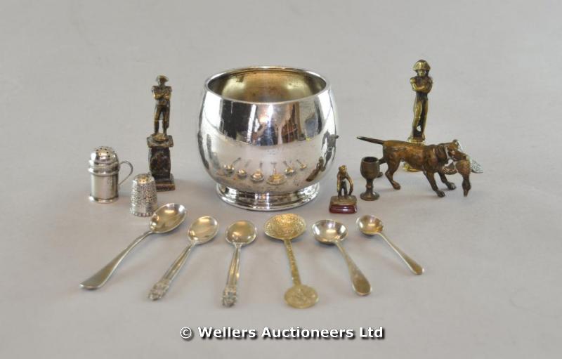 A miniature silver caster; various mustard spoons; a bronzed metal figure of a hunting dog & game;