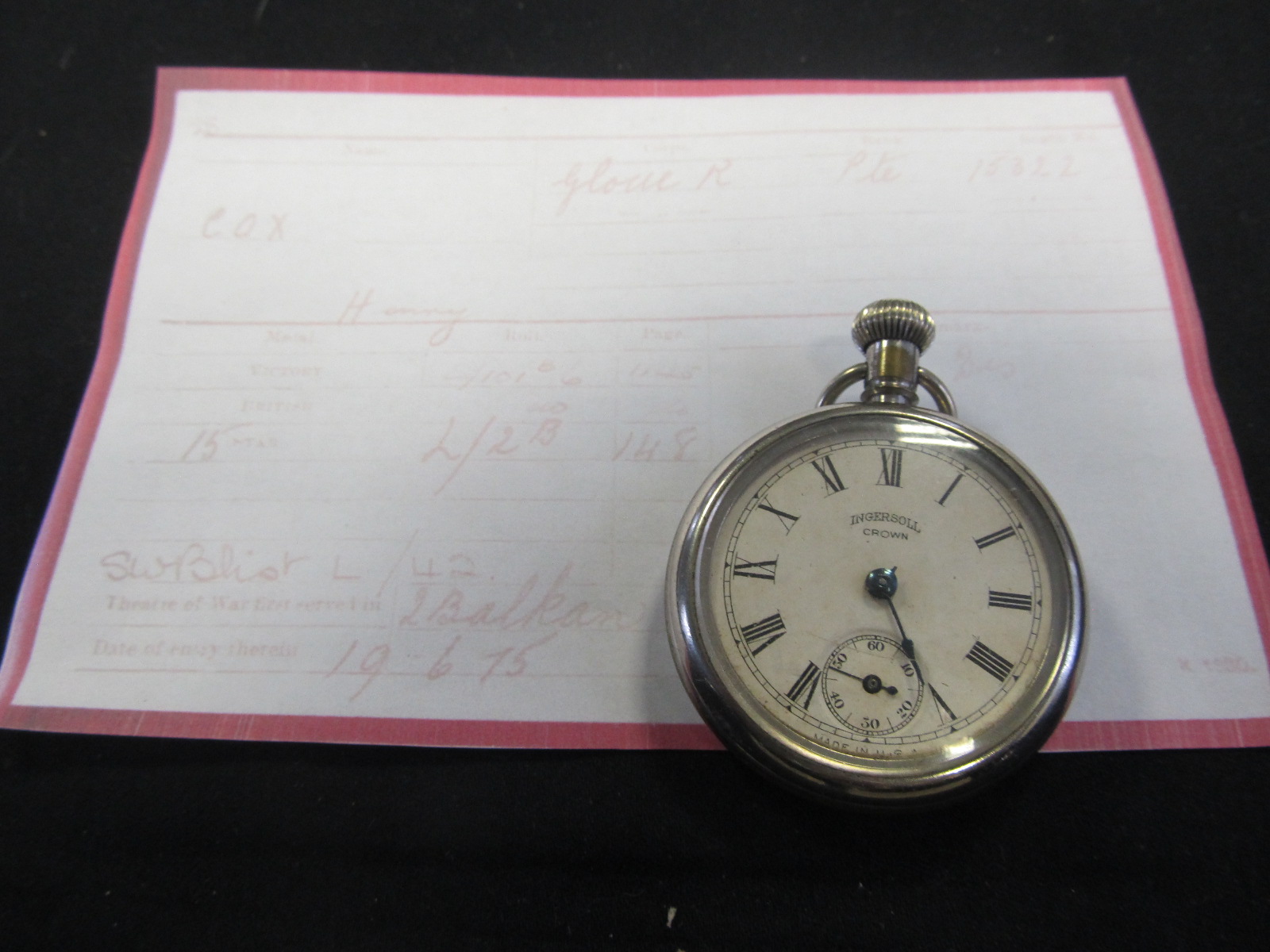 WW1 presentation pocket watch, engraved on the back chipping Sudbury Souvenir to Pte H Cox, The