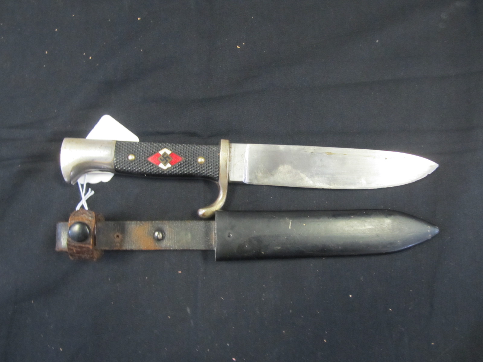 German Hitler Youth Dagger in its original metal scabbard with leather frog, blade maker marked `RZM