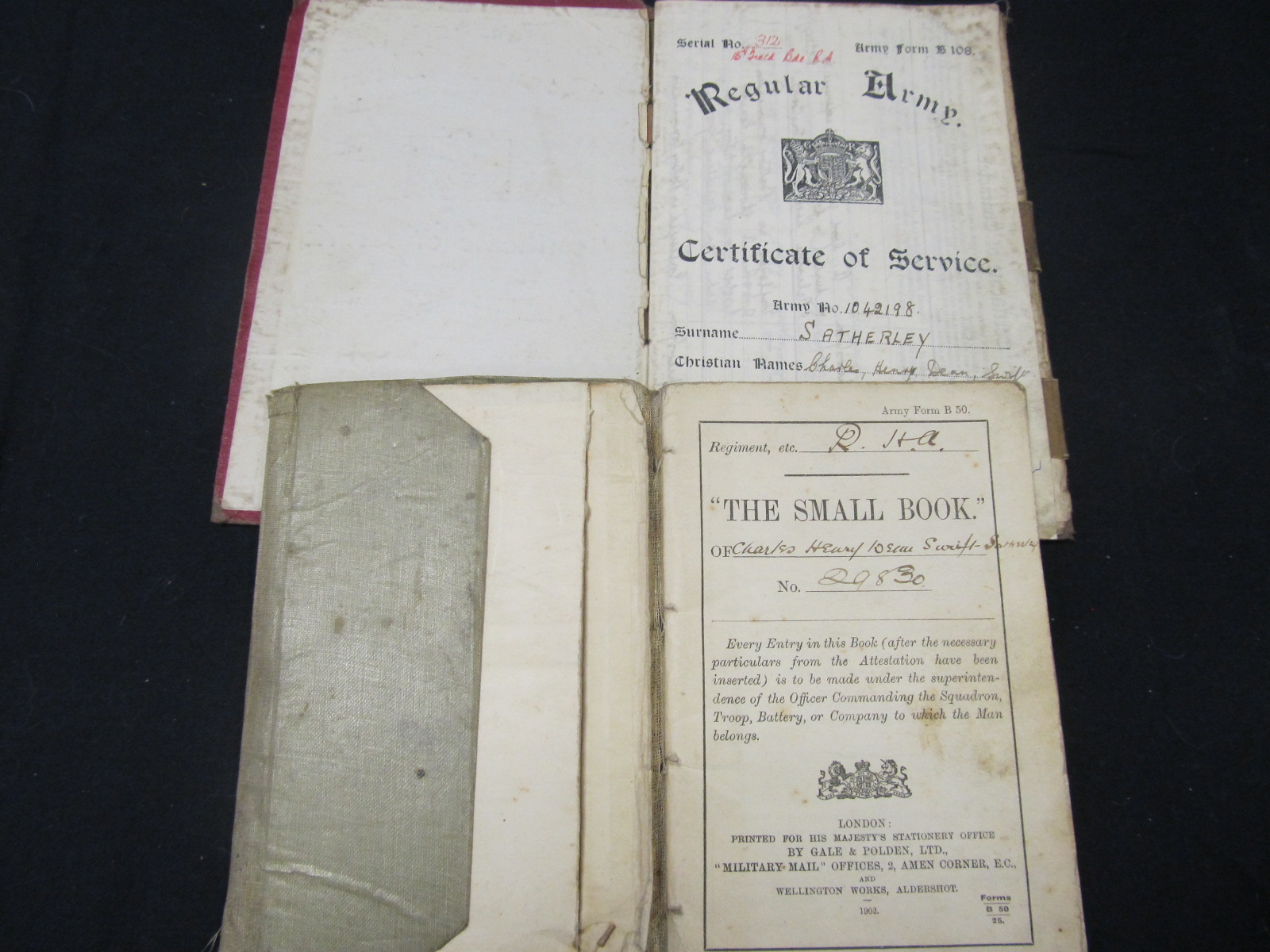 WW1 soldiers small book and regular army certificate of service book, both relating to DVR C H D S