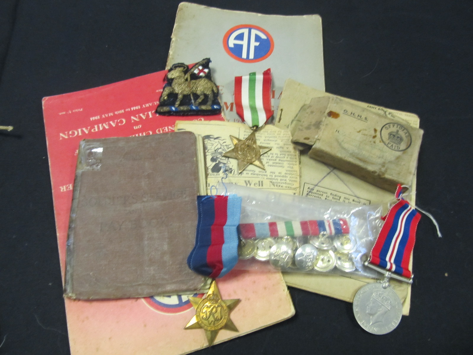 WW2 Italy star group of 3 medals with box of issue, soldiers service and release books, documents,