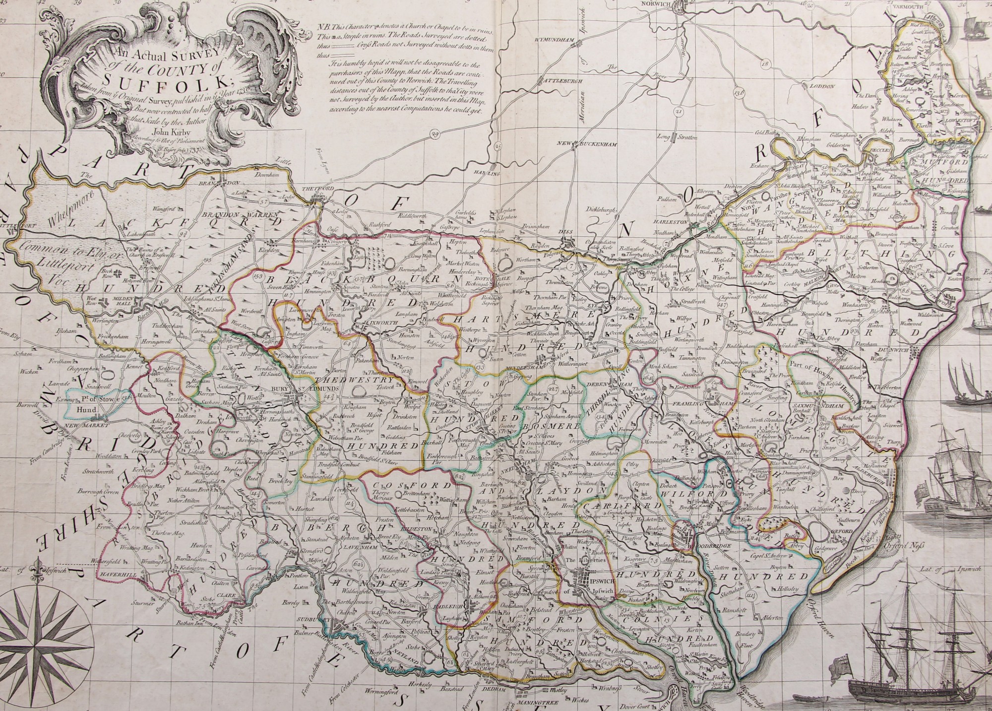 John Kirby, unframed coloured map, `An Actual Survey of the County of Suffolk, taken from the