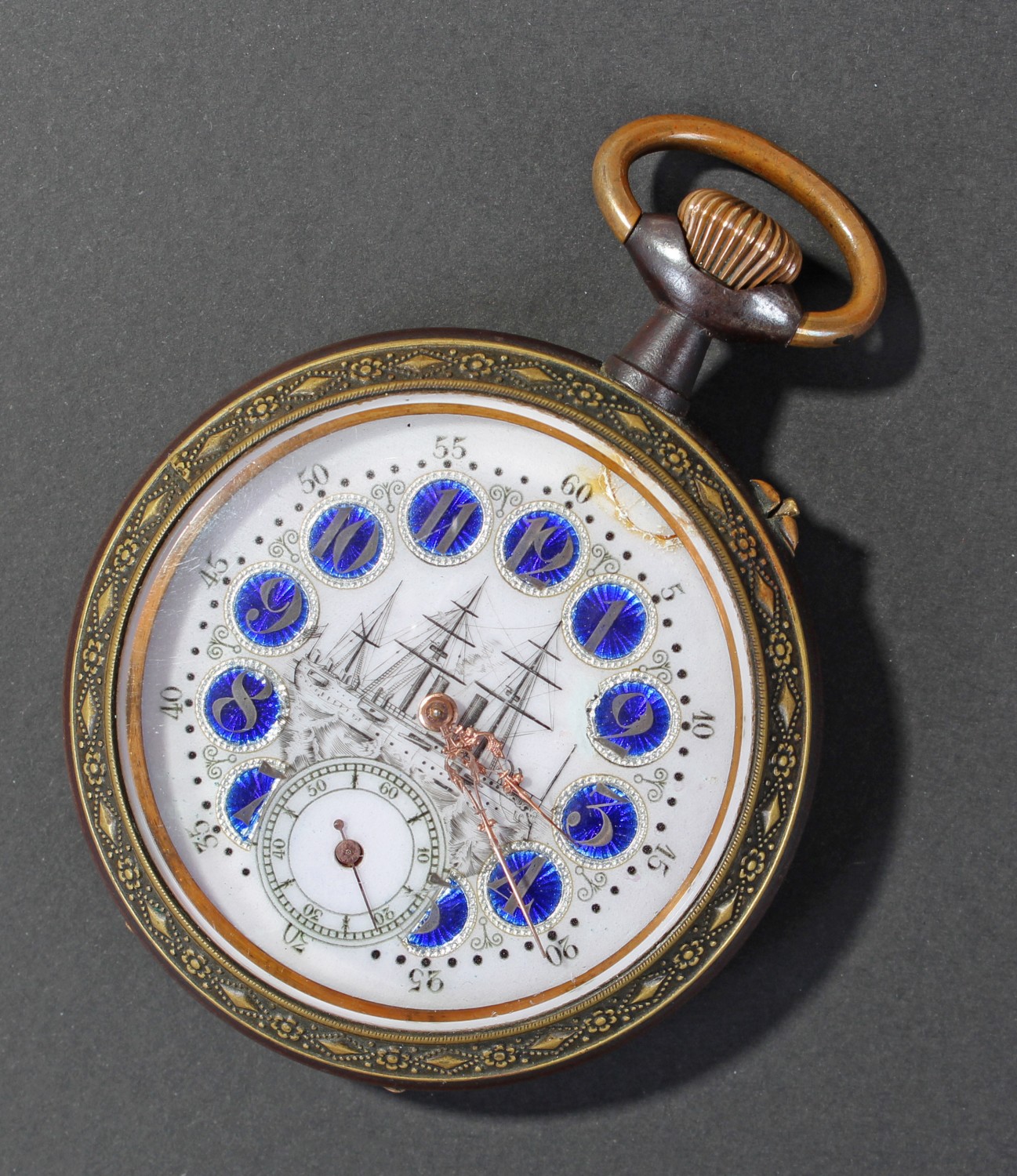 Late 19th Century Steam ship interest pocket watch, the gun metal case with a white enamel dial, a