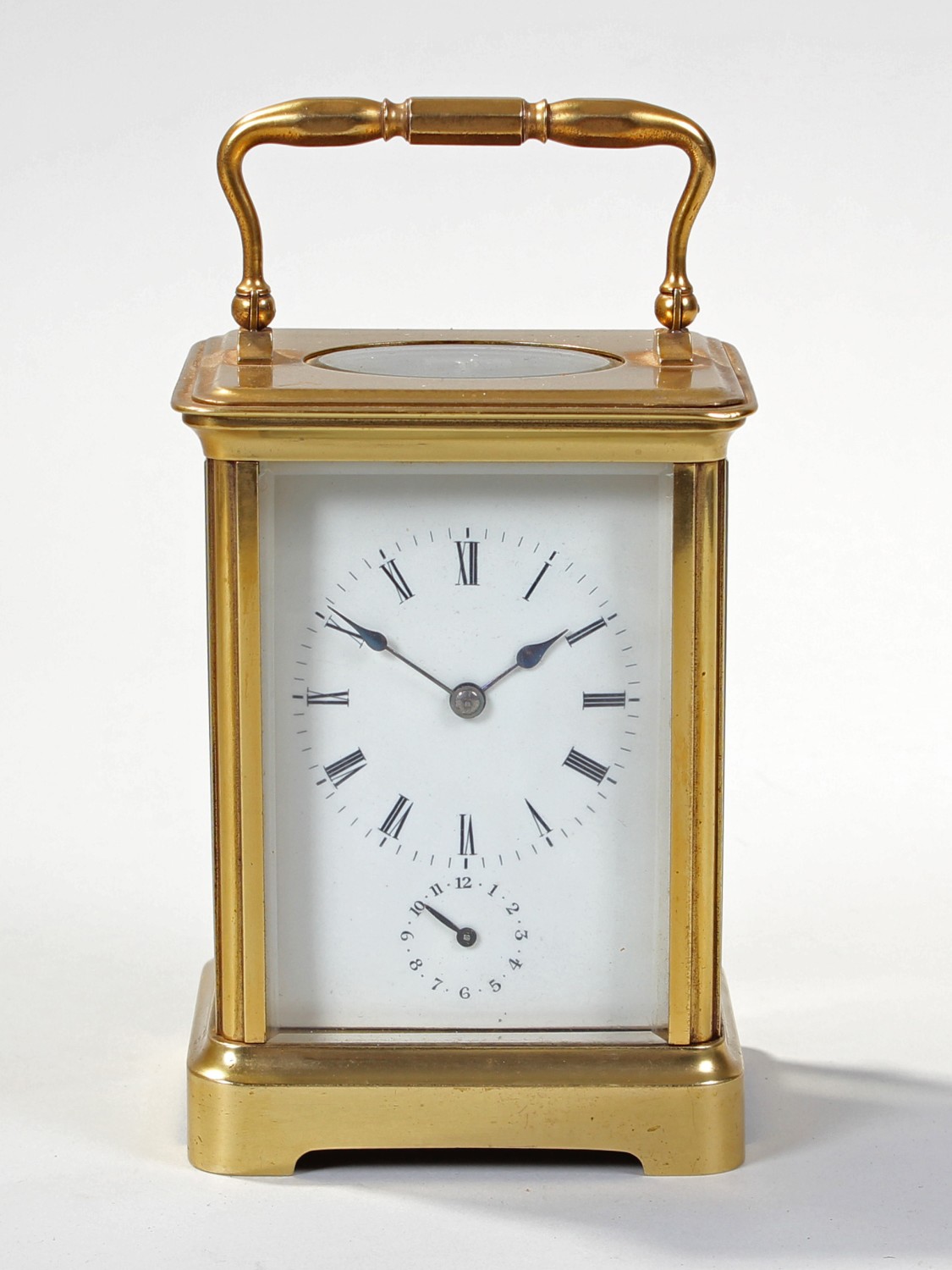 Early 20th century Brunelot gilt brass alarm carriage clock, the corniche case with five glass