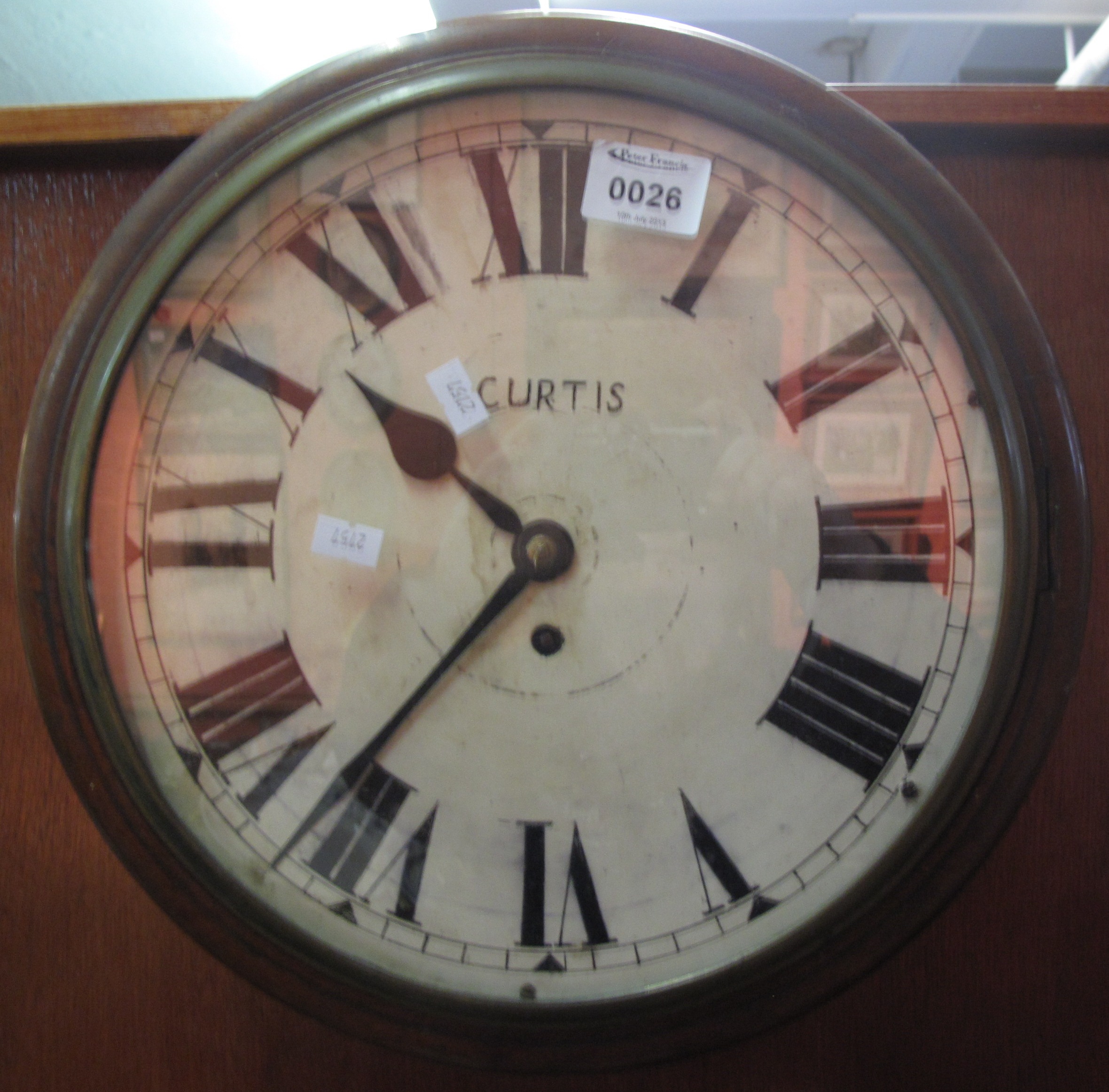 19c mahogany school type wall clock with Roman numerals to the painted face marked "Curtis" fusee