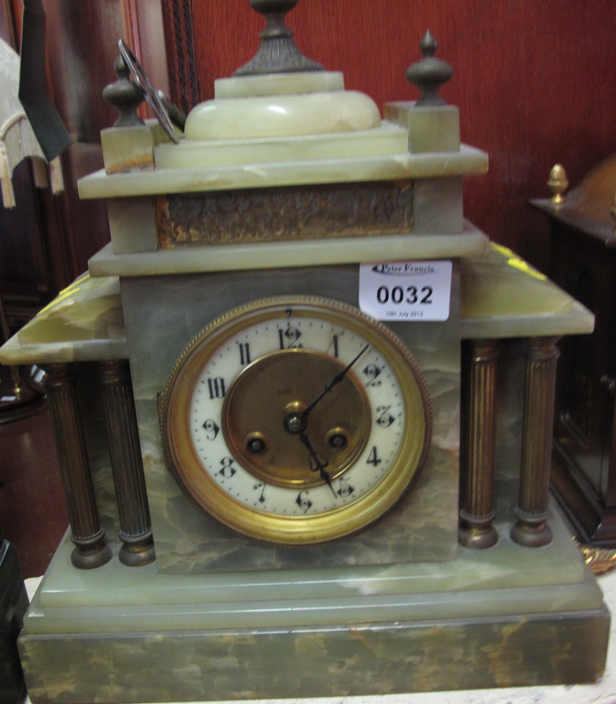 19c green marble two train architectural mantle clock