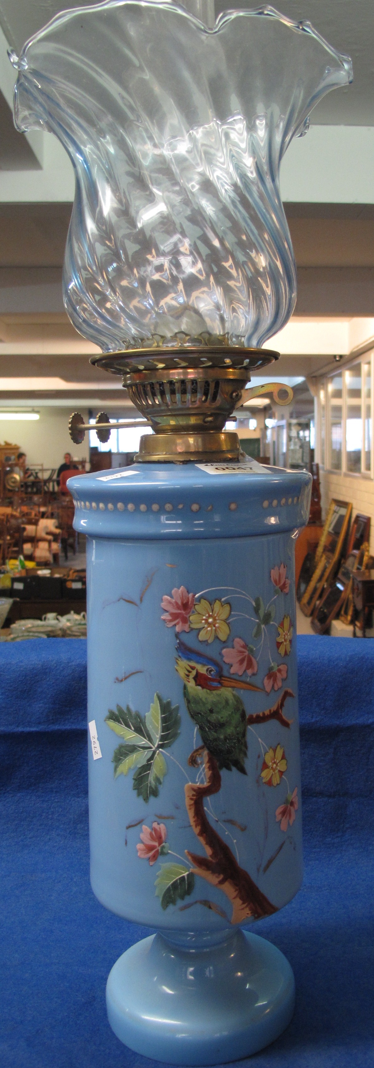 Late 19c brass double burner oil lamp having blue glass cylindrical base & reservoir, painted with