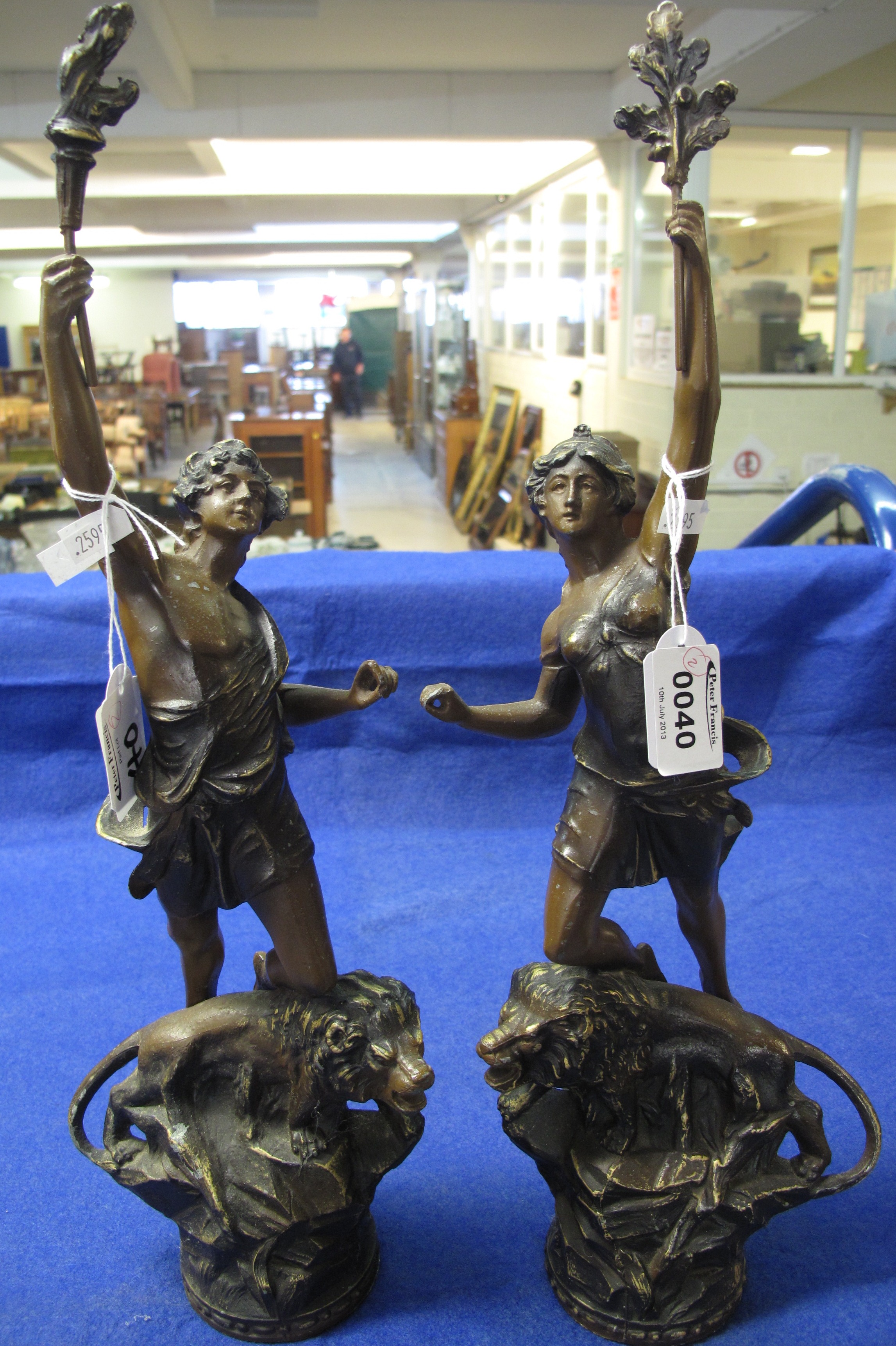 Pair of bronzed spelter Figures with Lions, French early 20c. (2).