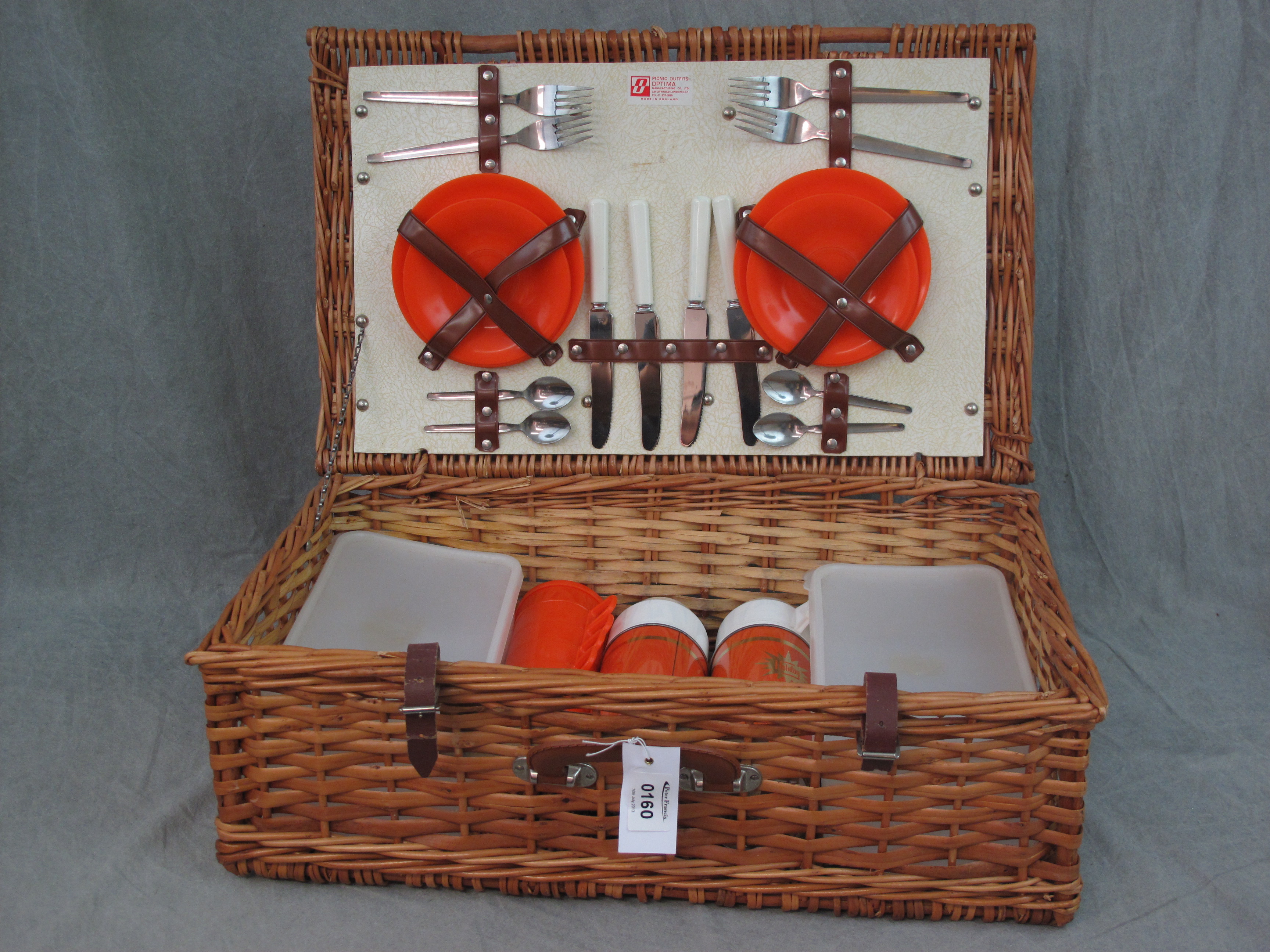 1960's style Optima Picnic Set, fully fitted with flasks, cutlery etc in wicker hamper.