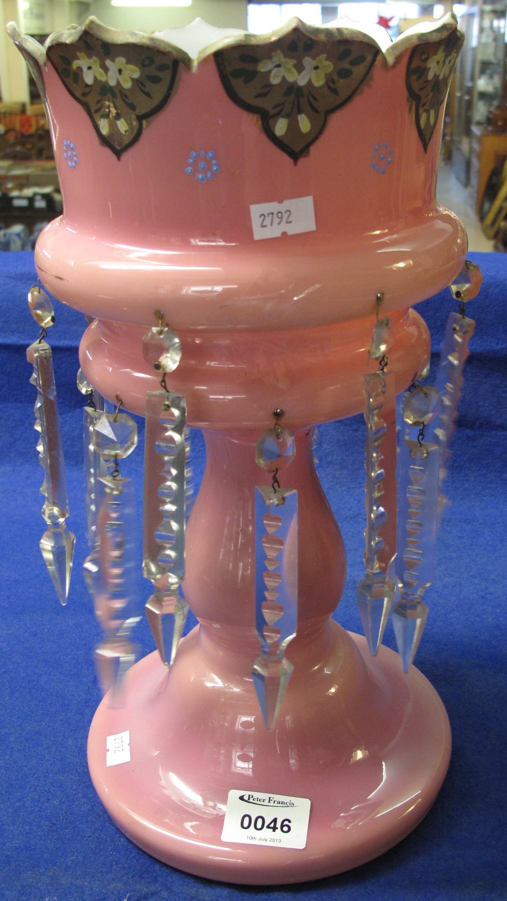 Victorian pink opaline glass vase lustre decorated with prismatic clear cut glass lustres &