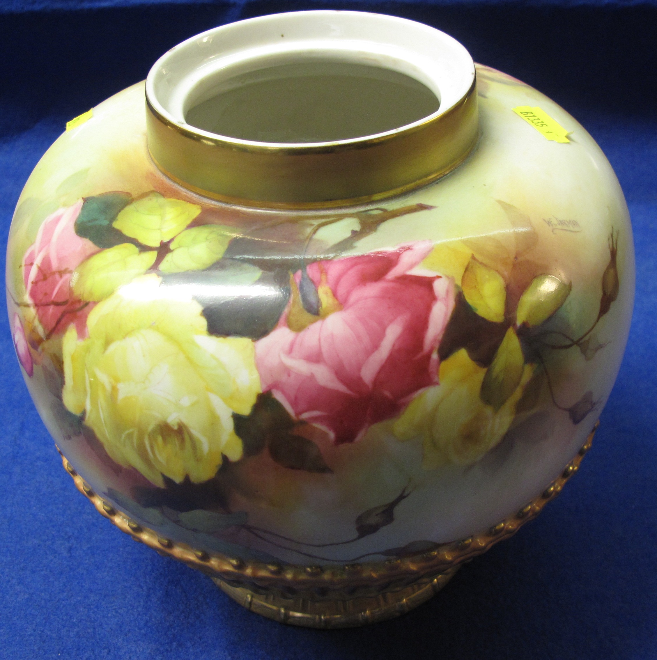 Large Royal Worcester Hadley style pot pourri vase decorated with roses above a gilded caned work