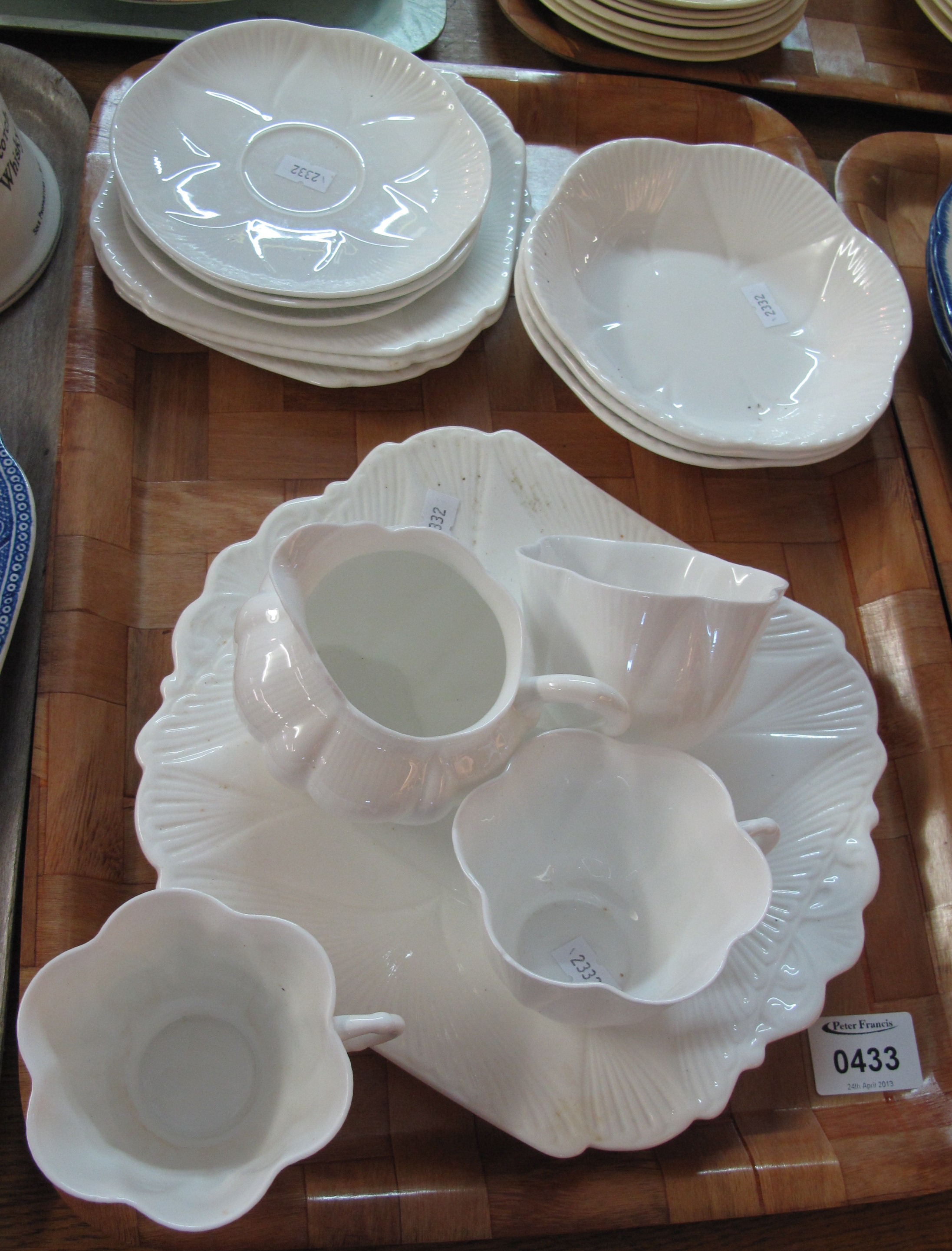 Small tray of Shelley white fluted part tea ware to include three cups, three saucers, three