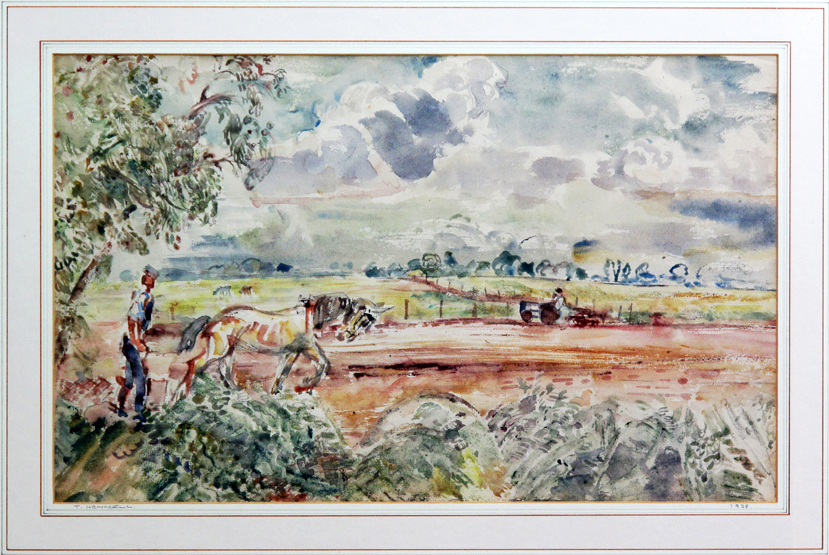 THOMAS HENNELL (BRITISH, 1903-1945), rural scene with working horse  and tractor, signed under