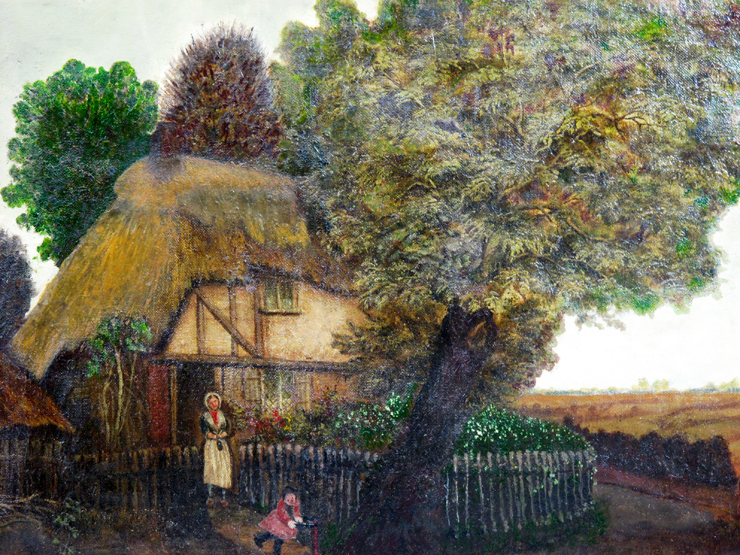 BRITISH SCHOOL (19TH CENTURY), Naive study of a Thatched Cottage with Figures, canvas. 17" x 22.5".