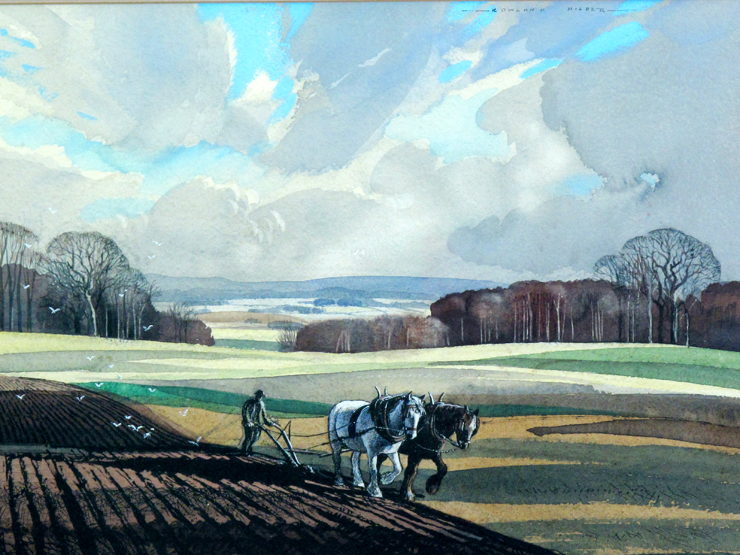 ROWLAND HILDER (BRITISH, 1905-1993),  ploughing scene with expansive landscape, signed ink and