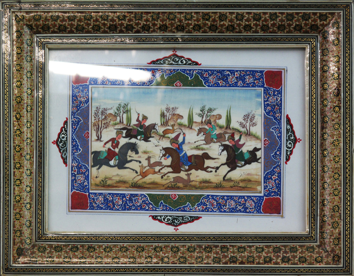 MOGUL SCHOOL, hunting scene with antelope and mounted huntsmen, ivory, micro mosaic frame. 3.25" x