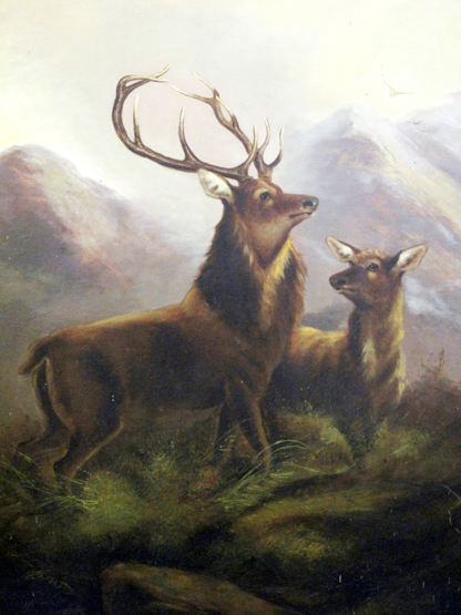 AFTER LANDSEER (19TH CENTURY), Stag and Hind in Scottish landscape, oils on canvas. 36" x 28".