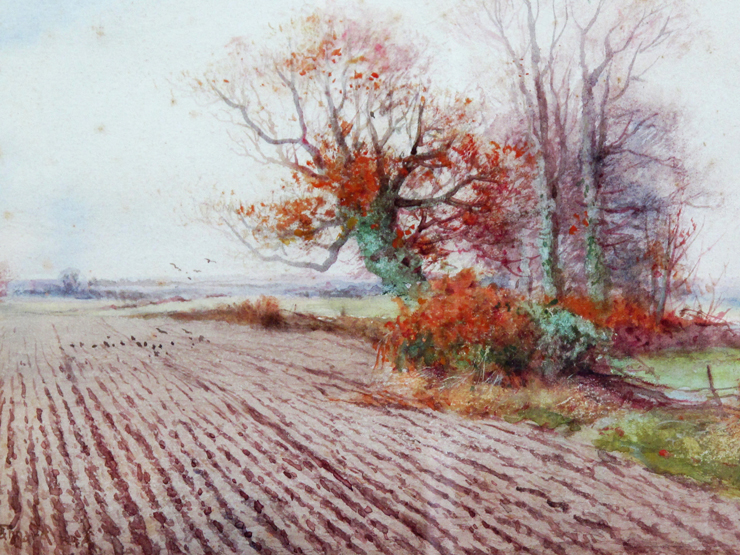 HENRY STANNARD (BRITISH, 1844-1920), Autumn ploughed field with rooks on the ground, signed.