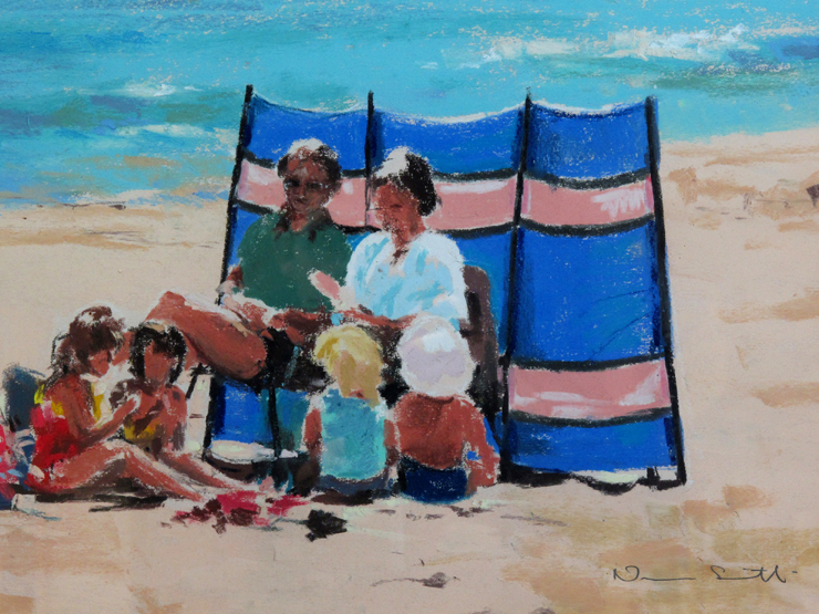 NORMAN SMITH (BRITISH, BORN 1949), "Beach Picnic", signed and labelled verso, pastels. 14" x 21".