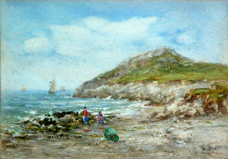 S.J.HARRIS (BRITISH, EARLY 20TH CENTURY), beach scene with cockle women and distant sailing boats,