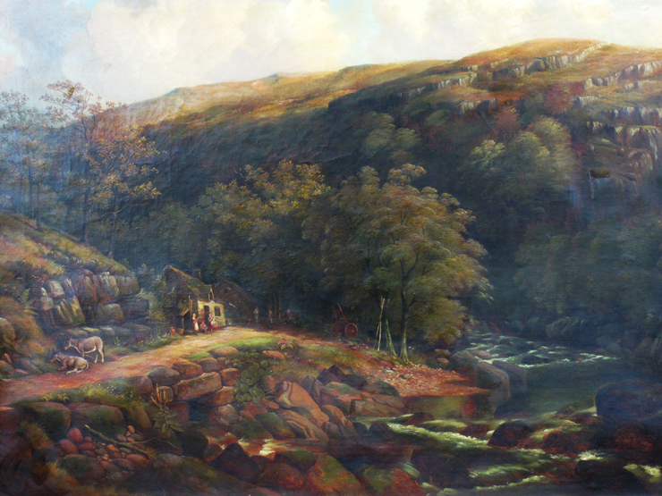 W.R.B. SHAW, (BRITISH, 19TH CENTURY), Welsh Cottage in a river valley with donkeys and figures,