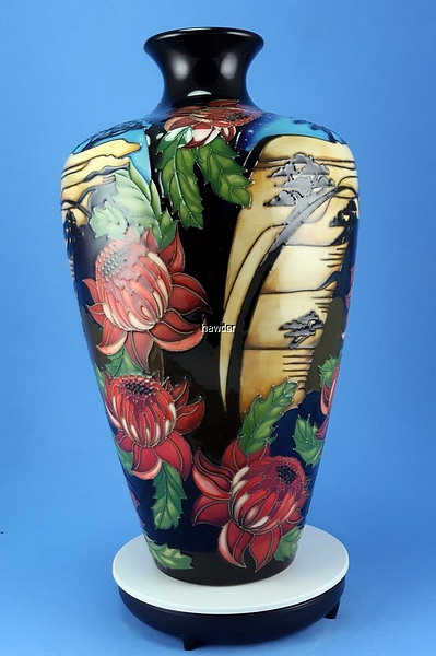 A significant & exquisite, Moorcroft Blue Mountains Waratah vase, the vase features a trio of