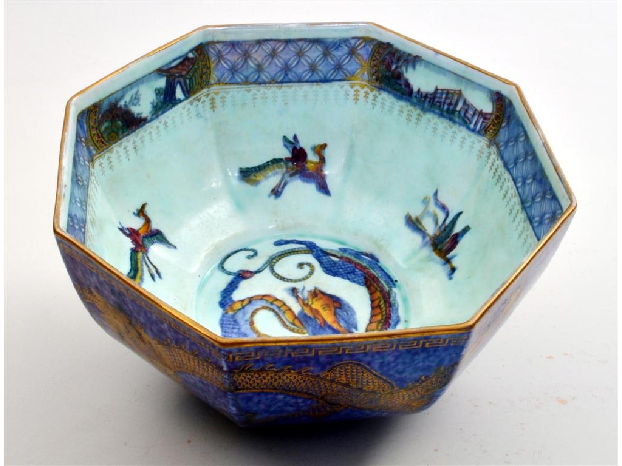 Daisy Makeig-Jones for Wedgwood a Fairyland Lustre octagonal lustre bowl, circa 1915.exterior on a m