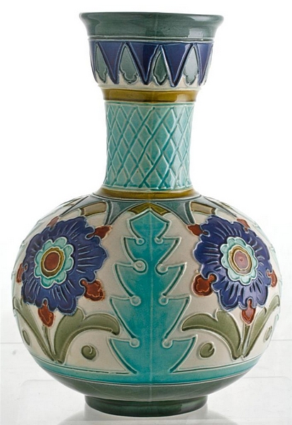 Large Burmantofts Persian Style Aesthetic Movement Vase, flowers and foliage panelled decoration
