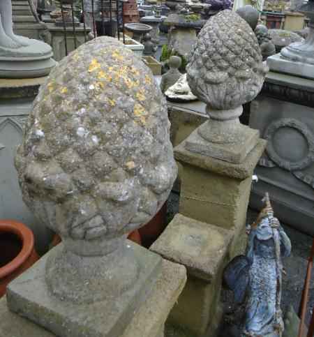 Reclaimed Pair of Weathered Reproduction Pineapple finials  535mm (21"") high Base: 222mm (8 ¾?)