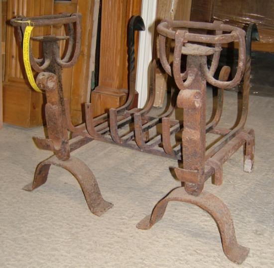 Set of old reclaimed, French fire dogs and firebasket Depth from front to back   540mm (21 1/4"")