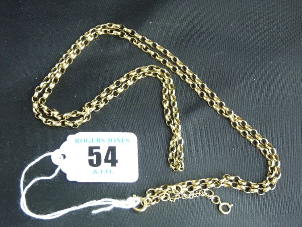 Jewellery.  A 9 carat gold muff chain, 30 inches long, 76 cms. 13 grms