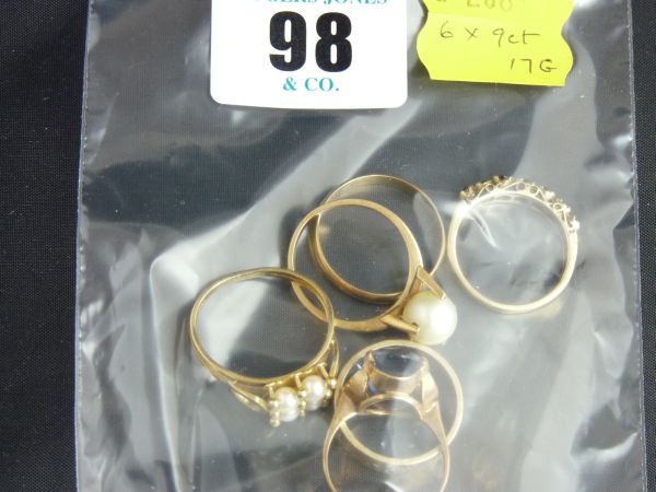 Jewellery.  A parcel of six 9 carat gold dress-type rings 17 grms.
