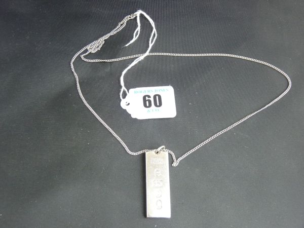 Jewellery.  A silver ingot with fine chain; 34.5 grms.