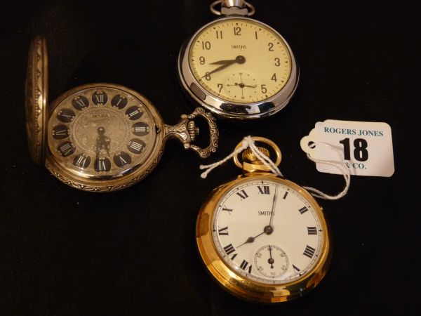 Watches.  Pocket watches.  Three; a Smith`s stainless steel, a Smith`s rolled gold and a Sicura