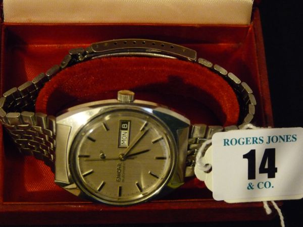 Watch.  A wristwatch. Gent`s stainless steel automatic `Enicar` with seven bar bracelet, boxed.
