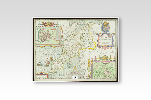 JOHN SPEED coloured and tinted map of Caernarfonshire, Sudbury & Humble edition, 15.5 x 20.5 ins (39